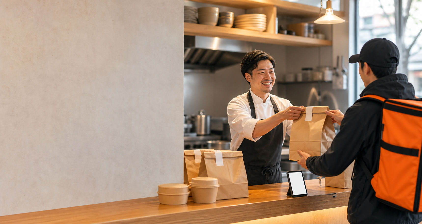 飲食店でデリバリー商品を受け渡す様子